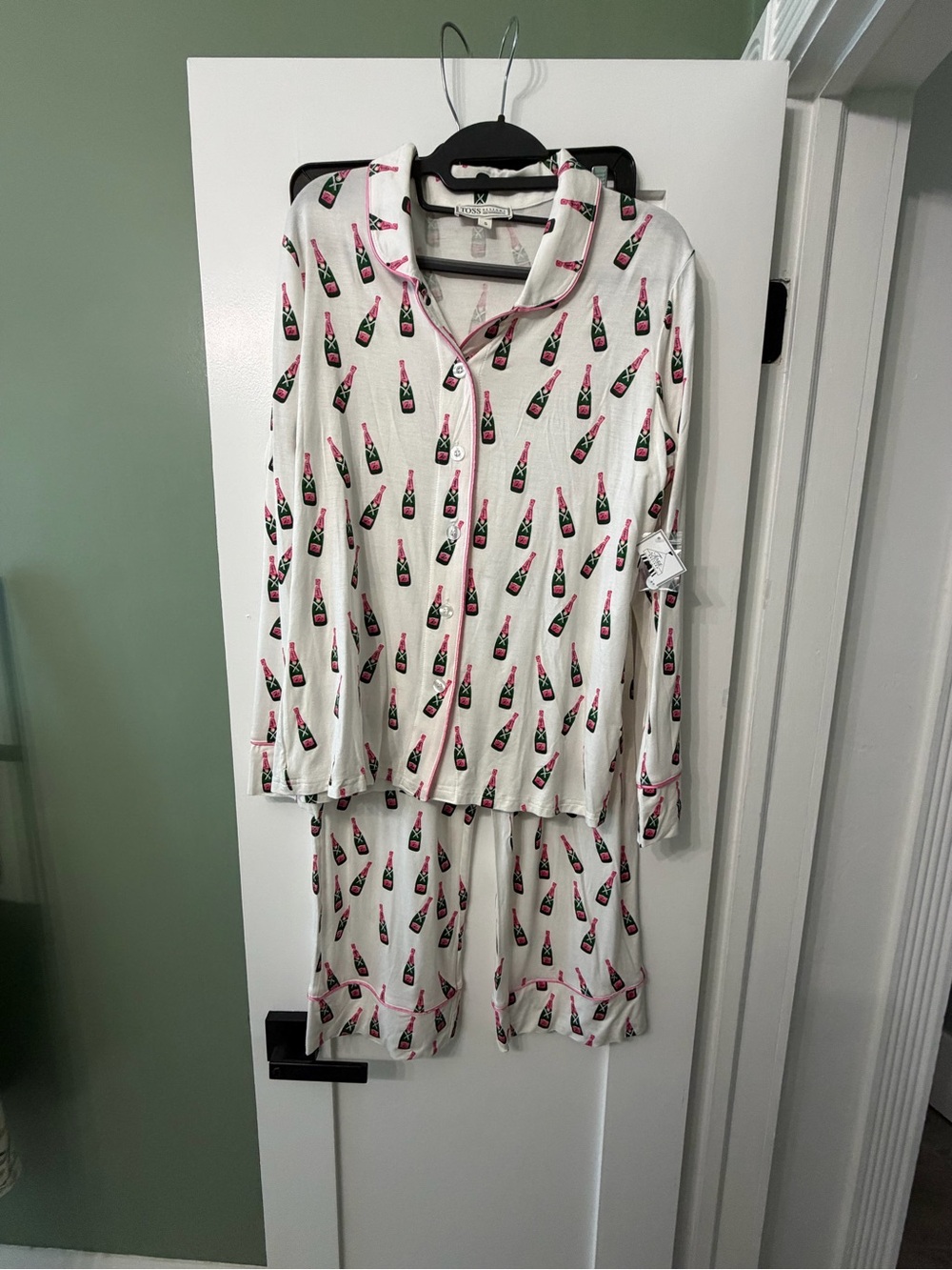 Women's White Champagne Bottle Print Pajama Set with Pink Trim